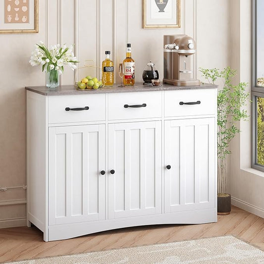 Gizoon Farmhouse Sideboard Buffet Cabinet, 42.5'' Kitchen Storage Cabinets with 3 Drawers and Barn Doors, Wood Coffee Bar Cabinet with Adjustable Shelf for Kitchen, Dining Room, Living Room, Grey