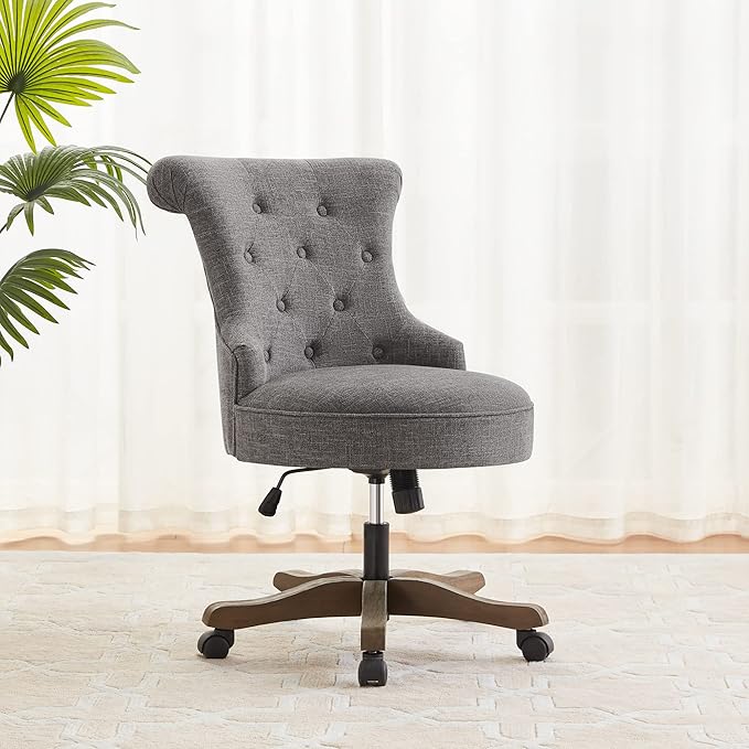 Home Office Chair Adjustable Height Swivel Chair with Wheels Linen Fabric Upholstered Computer Desk Chair with Wooden Legs Comfortable Armless Chair for Home Office Study Studio(Grey)