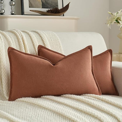 FUTEI Rust Chenille Throw Pillow Covers 12x20 Inch Set of 2,Edges Double-Stitched Lumbar Pillow Cases,Modern Home Decor for Couch Living Room