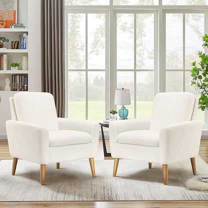 Lohoms White Accent Chair Set of 2 for Living Room, Fluffy Comfy Reading Leisure Chairs for Bedroom, White Teddy Upholstered Sherpa Armchair for Apartment, Small Boucle Sofa Chair with Wood Legs