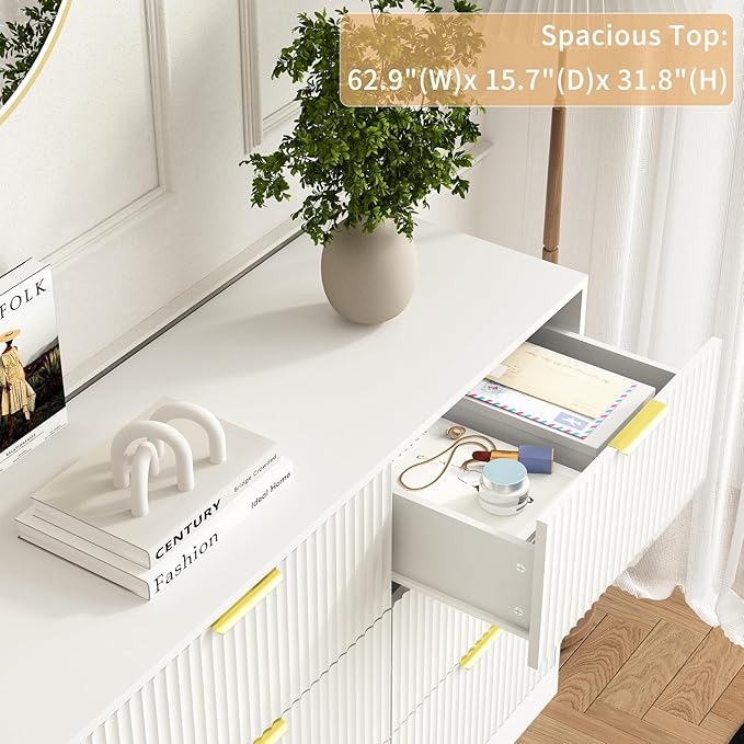 3-Piece Modern Bedroom Furniture Set, Wide 9-Drawer Dresser & 3-Drawer Nightstands Set of 2, Natural Wood Dresser and Nightstand Sets for Bedroom, Hallway, White