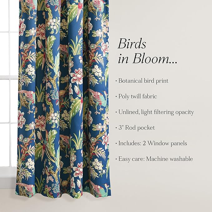 Lush Decor Dolores Light Filtering Window Panels, Pair, 52" W x 63" L, Navy & Multi - Toile Curtains - Floral Bird Print - Grandmillennial & French Country Curtains - Cottage & Maximalist Home Decor