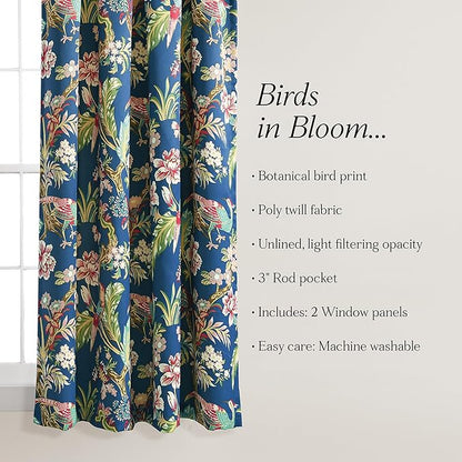 Lush Decor Dolores Light Filtering Window Panels, Pair, 52" W x 63" L, Navy & Multi - Toile Curtains - Floral Bird Print - Grandmillennial & French Country Curtains - Cottage & Maximalist Home Decor