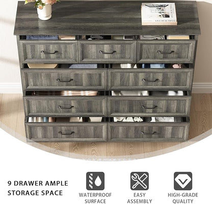 CARPETNAL Farmhouse 9 Drawer Dresser for Bedroom, 55 Inch Wide Modern Grey Dresser TV Stand with Large Drawers & Bar Handles, Rustic Wood Chest of Drawers for Bedroom, Living Room, Hallway, Entryway.