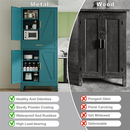 Large Metal Kitchen Pantry Cabinet with Adjustable Shelves - Freestanding Kitchen Storage Cabinet for Dining Room,Livingroom Bathroom, Hallway, Workshop, Office (Blue, 71"-1 Drawer)