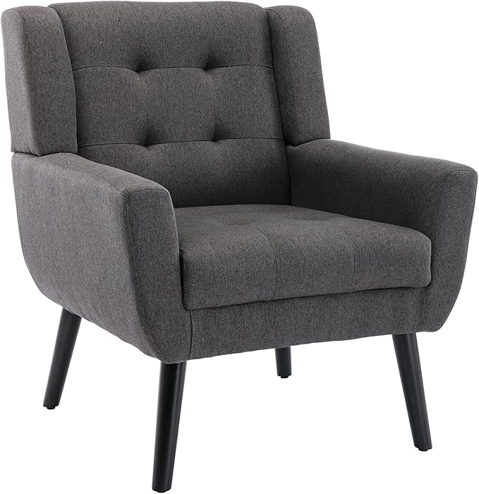 Dolonm Midcentury Modern Accent Chair with Arms, Upholstered Fabric Reading Side Chair Tufted Back Decorative Wingback Chair for Living Room Bedroom (Dark Grey)