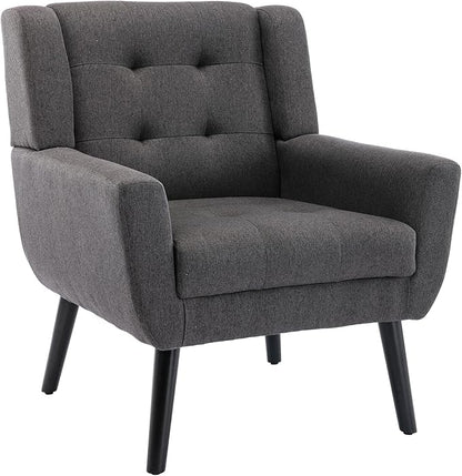 Dolonm Midcentury Modern Accent Chair with Arms, Upholstered Fabric Reading Side Chair Tufted Back Decorative Wingback Chair for Living Room Bedroom (Dark Grey)