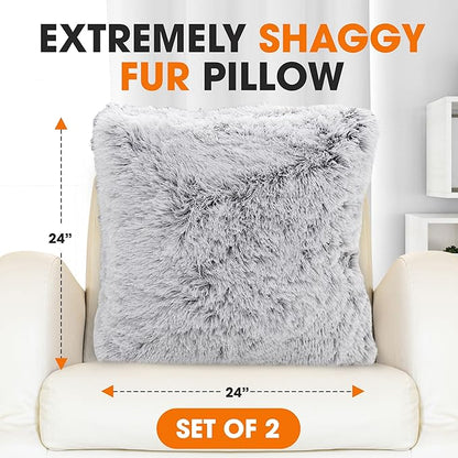 Cheer Collection Throw Pillows for Couch and Bed, Soft Shaggy Throw Pillows with Inserts Included, Cozy Long Hair Faux Fur Pillows - Set of 2-24" x 24" Gray