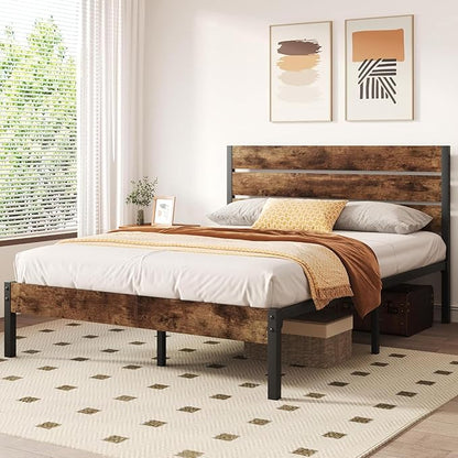 Queen Bed with Headboard and Footboard, with Under Bed Storage, All-Metal Support System, No Box Spring Needed, Easy Assembly, Vintage Brown
