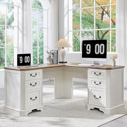 T4TREAM L Shaped Desk with Drawers,59" Farmhouse Wood Home Office Executive Desk,Charging Station,File Drawer, Storage Cabinet,Computer Desk for Work and Study (Antique White)