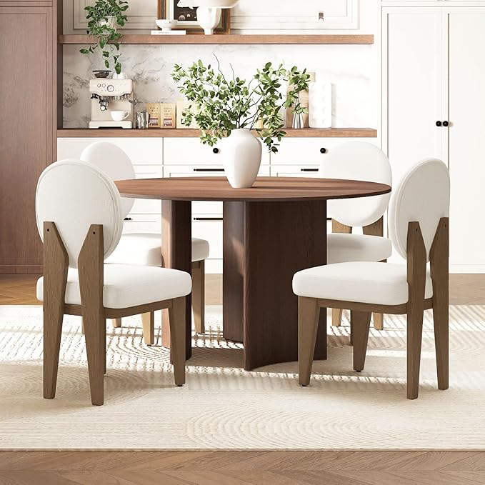 Mid-Century Modern Walnut Dining Chairs Set of 4, Vintage White Wooden Kitchen Chairs, Retro Upholstered Linen Cushioned Seat with Curved Backrest, Armless Accent Side Chair for Bedroom