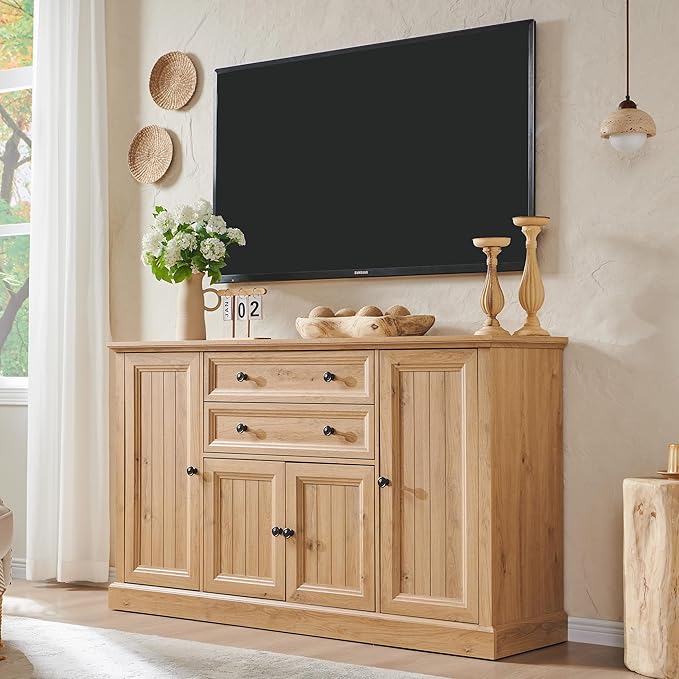 Farmhouse 58" Buffet Cabinet with Storage, 34" Tall Sideboard Cabinet w/2 Large Drawers & 4 Grooved Barn Doors, Wood Rustic Sideboard for Dinning Room, Kitchen, Living Room,Natural