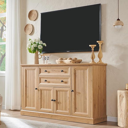 Farmhouse 58" Buffet Cabinet with Storage, 34" Tall Sideboard Cabinet w/2 Large Drawers & 4 Grooved Barn Doors, Wood Rustic Sideboard for Dinning Room, Kitchen, Living Room,Natural