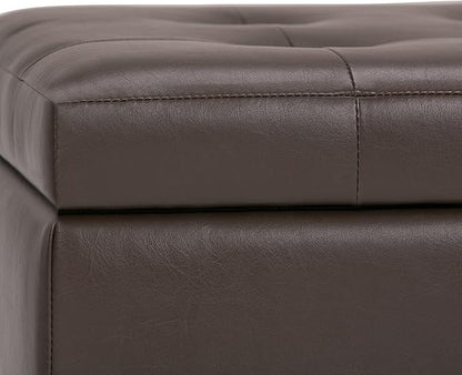 SIMPLIHOME Cosmopolitan Storage Ottoman - 34 inch Wide Upholstered Vegan Leather Rectangle Storage Ottoman Bench in Chocolate Brown, Transitional Tufted Ottoman for Living Room with Lift-Up Lid