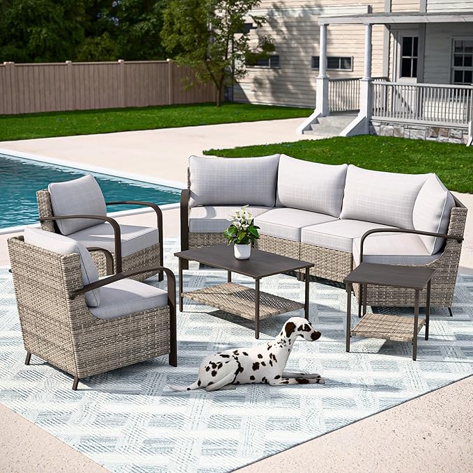 COOS BAY Aurora Terrace Half-Moon Outdoor Furniture Set, Rattan Conversation Set with Patio Chairs, Curved 4-Seat Sofa, Coffee Table & Side Table, Seats 6, Beige/Beige