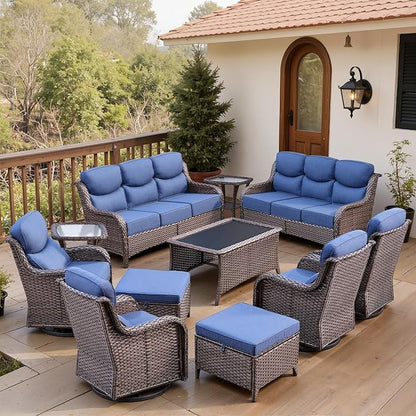 Belord Luxury 6" Thick Cushioned 11 Pieces Patio Furniture Set with Outdoor Couch, Wicker Outdoor Conversation Set with High Back Swivel Rocker Chairs for Deck Porch Yard and Poolside - Brown+Blue