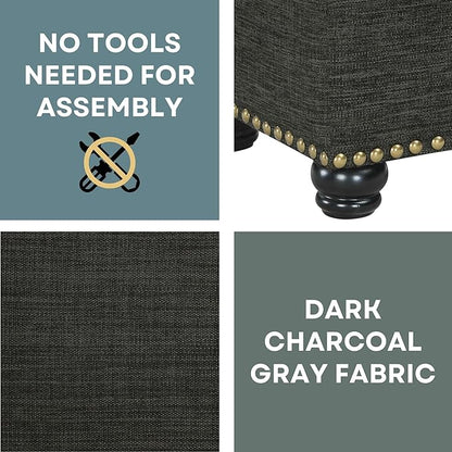 Convenience Concepts Designs4Comfort 5th Avenue Upholstered Storage Ottoman 24" - Contemporary Foot Stool and Seat with Hinged Lid for Living Room, Dining Room, Office, Den, Dark Charcoal Gray Fabric