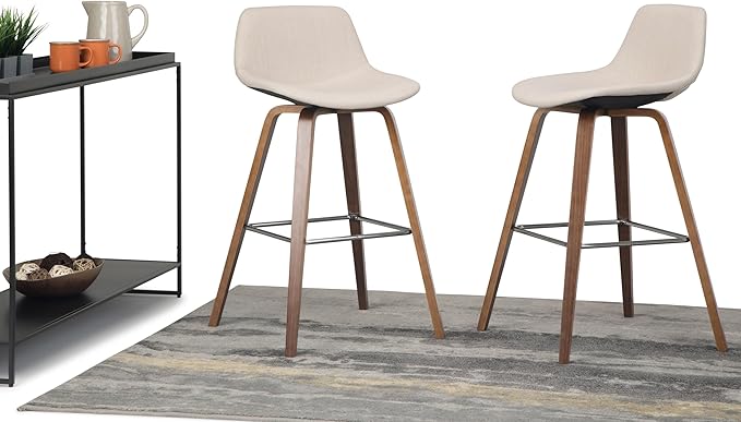 SIMPLIHOME Randolph Counter Stools (Set of 2) - 28 Inch Seat Height Upholstered Bentwood Kitchen Seats in Natural Linen Look Fabric, Mid Century Modern Seating with Curved Backrest and Chrome Footrest