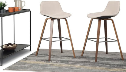 SIMPLIHOME Randolph Counter Stools (Set of 2) - 28 Inch Seat Height Upholstered Bentwood Kitchen Seats in Natural Linen Look Fabric, Mid Century Modern Seating with Curved Backrest and Chrome Footrest