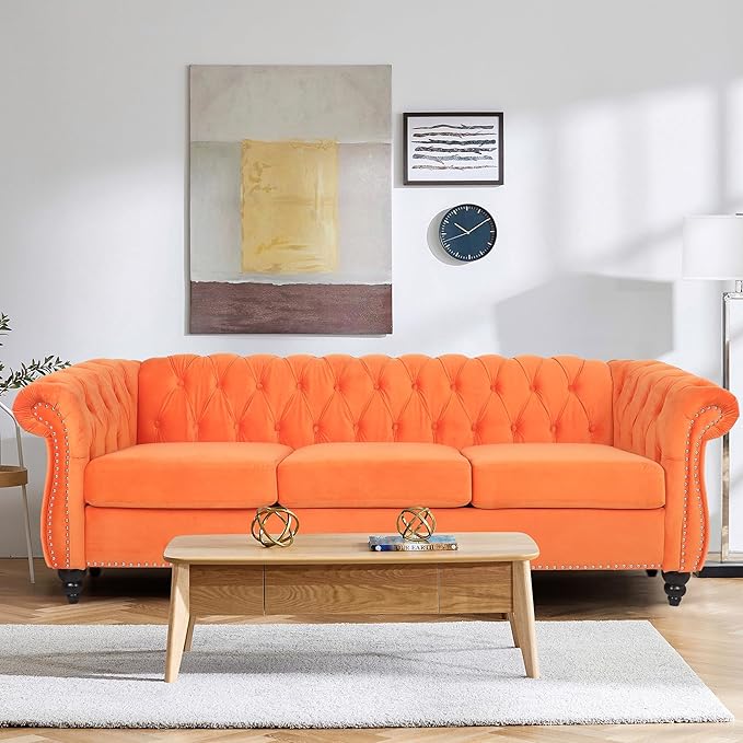 2 Piece Living Room Sofa Set, 3 Seater Velvet Sofa Couch and Chair Set, Mid Century Modern Upholstered Couch with Cushions, Comfy Tufted Chesterfield Couches for Living Room, Bedroom, Office