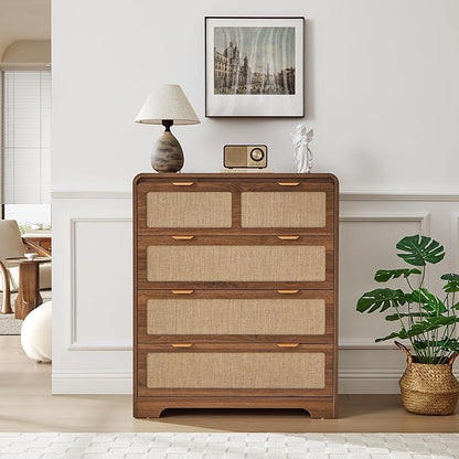Mid Century Modern Dresser for Bedroom with 4 Drawers, 35" Tall Chest of Drawers with Natural Linen, Curved Wood Dresser Closet Clothes Storage Organizer for Living Room, Hallway((Walnut)