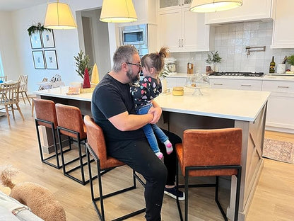 Alpha Home 24 Inch Bar Stools Set of 3, Kitchen Counter Stools with Backs, PU Leather Barstools, Kitchen Stools with Back&Upholstered Footrest, Sturdy Chromed Metal Steel Frame, Brown