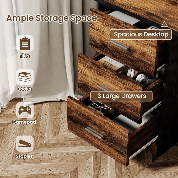 Small Desk with 3 Drawers, 47 Inch Computer Desk with Drawers & Bottom Shelves for Bedroom, Home Office Desk with Storage File Cabinet for Small Spaces, Writing and Work, Black and Brown