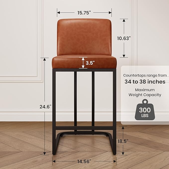 PHI VILLA Brown Bar Stools Set of 2, Faux Leather Counter Height Chairs, Kitchen Stools for Island, 24 Inch Barstools with Back