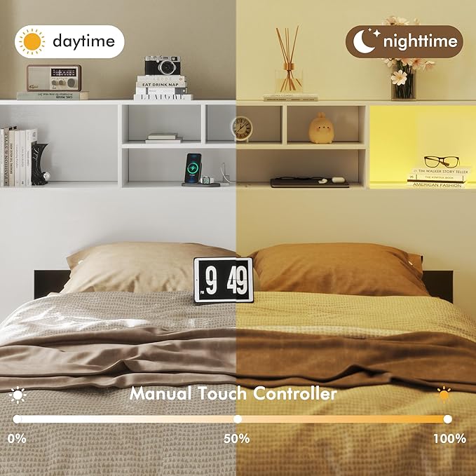 Apicizon 65" Queen Size Storage Headboard, Wood Headboard with Charging Station, Queen with Power Outlets, Ajustable LED Lights for Bedroom, White