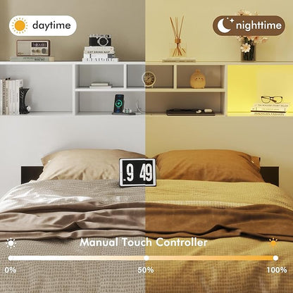 Apicizon 65" Queen Size Storage Headboard, Wood Headboard with Charging Station, Queen with Power Outlets, Ajustable LED Lights for Bedroom, White