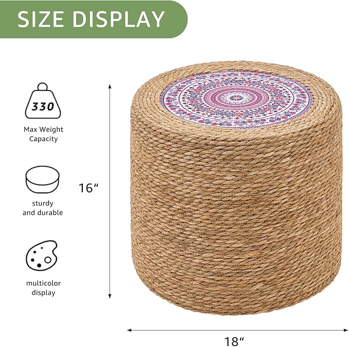 Wimarsbon 18'' Ottoman Pouf, Natural Braided Poof, Rustic Handweave Lounge Pouffe, Boho Footrest Stool for Bedroom, Accent Table for Living Room (18inch Natural Cattail-Boho Style 4)