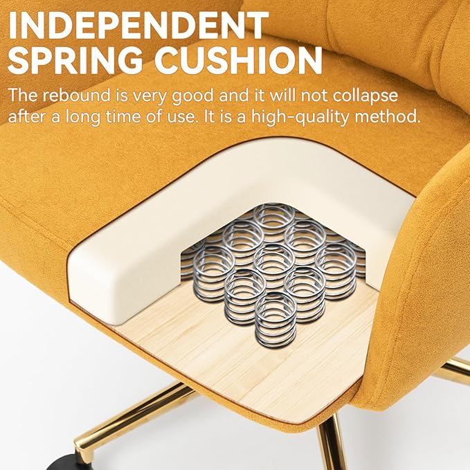 Velvet Office Chair, Comfy Home Office Desk Chairs with Lumbar Support, Modern Velvet Desk Chair Gold Legs Small Swivel Task Chair for Home Office, Bedroom, Study (Yellow, L)