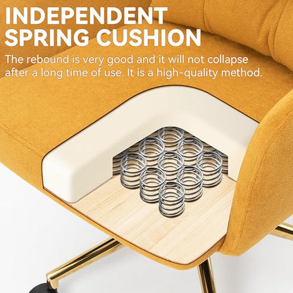 Velvet Office Chair, Comfy Home Office Desk Chairs with Lumbar Support, Modern Velvet Desk Chair Gold Legs Small Swivel Task Chair for Home Office, Bedroom, Study (Yellow, L)
