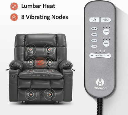 MCombo Dual Motor Power Lift Recliner Chair for Elderly, Lay Flat Lift Chair with Heat and Massage, Extra Wide Lift Recliner for Big People, Cup Holders, Faux Leather R7897 (Grey, Medium-Wide)