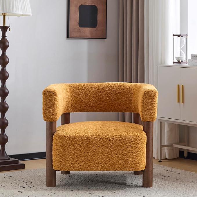 GDFStudio Boucle Upholstered Accent Chair,Cozy Modern Armchair with Spring Cushion & Rubber Wood Frame,Comfortable Mid-Century Lounge Chair Seating for Living Room, Bedroom, Office, Yellow