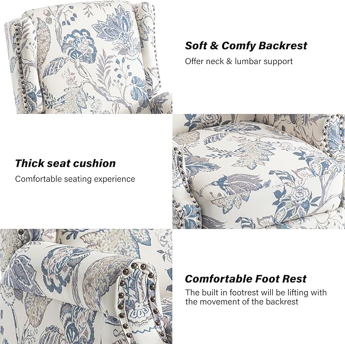 Pushback Recliner Chair, Floral Fabric Wingback Recliner Chair, Upholstered Armchair Push Back Recliner, Rivet Trim Single Sofa Accent Chair with Wood Legs for Living Room, Plants Blue