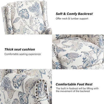 Pushback Recliner Chair, Floral Fabric Wingback Recliner Chair, Upholstered Armchair Push Back Recliner, Rivet Trim Single Sofa Accent Chair with Wood Legs for Living Room, Plants Blue
