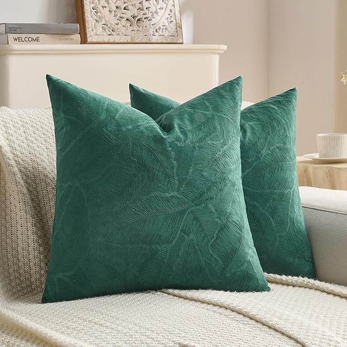 FUTEI Christmas Dark Green Velvet Throw Pillow Covers 26x26 Inch Set of 2,Soft Embossed Leaf-Relief Textured Euro Pillow Shams,Natural Home Decor for Couch Living Room