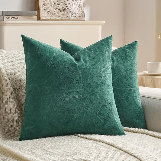 FUTEI Christmas Dark Green Velvet Throw Pillow Covers 26x26 Inch Set of 2,Soft Embossed Leaf-Relief Textured Euro Pillow Shams,Natural Home Decor for Couch Living Room