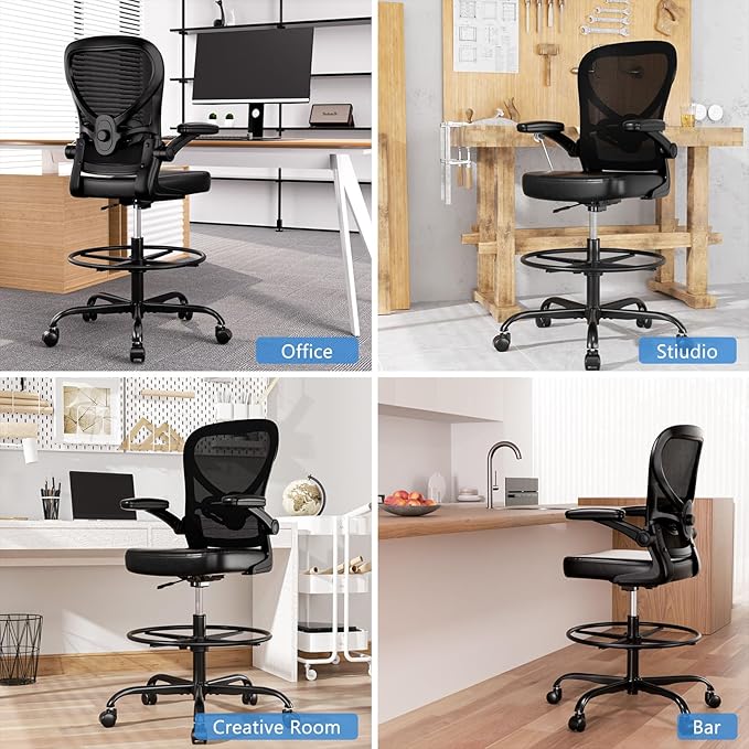 Alolo Drafting Chair,Ergonomic Tall Office Chair with Foot Rest Ring,Executive Leather Office Chair for Counter Height and Standing Desk with Lumbar Support and Flip-up Armrests for Home Office,PU.