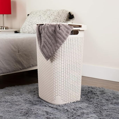 Mind Reader Slim Laundry Hamper with Lid, 60L Clothes Basket, Premium Wicker Design, Plastic, Ivory