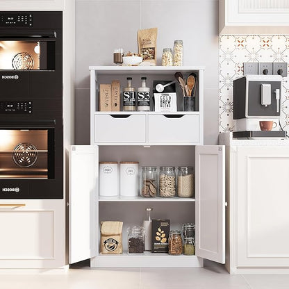 Shintenchi Floor Storage Cabinet, Bathroom Organizer with Doors and Drawers, Freestanding Side Cupboard Pantry with Adjustable Shelf, White