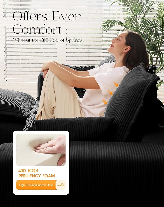 137" Comfy Cloud Couch with U-Shape Chaise & Deep Seat, Modular Sectional Sofa in a Box, Boneless Upholstered Couches for Living Room, No Assembly Required (Soft Corduroy, Black)