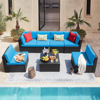 Devoko 7 Pieces Outdoor Sectional Sofa Patio Furniture Sets Manual Weaving Wicker Rattan Patio Conversation Sets with Cushion and Glass Table (Blue)
