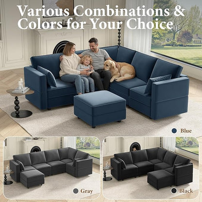 Vesgantti Sectional Couches with Storage Seats, 92" L Shaped Convertible Modular Sectional Sofa, 5 Seat & 1 Ottoman Velvet Storage Chaises Deep Seat Couch for Living Room, Bedroom, Apartment, Blue