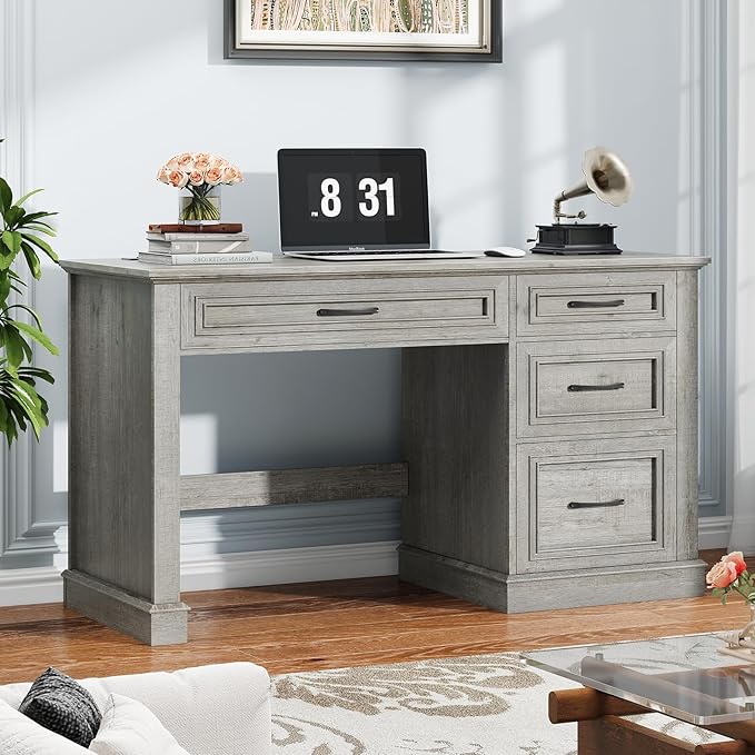 Farmhouse 47" Executive Desk, Computer Desk with Drawers and File Drawer, Workstation Computer Desk with Charging Station for Home Office,Study,（Grey）