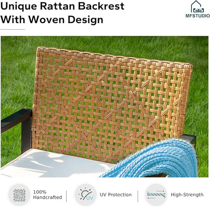 MFSTUDIO 4 Pieces Outdoor Patio Furniture Set, Outdoor Small Brown Rattan Sofa with Acacia Wood Table & Chairs, Patio Loveseat Furniture Set for 4, Beige