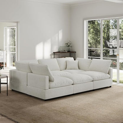 Linen Sleeper Sofa Bed,Modern Sectional Sofa Couch for Living Room,95.4 Inch Cloud Couches Cushion Covers Removable,Cozy Feather Down Sofa for Apartment Cream White
