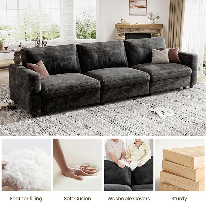 KKL Modular Sectional Sofa Couches for Living Room, 113" Sofa Couch with Adjustable Backrest, Chenille 3 Seater Sofa Couch with Comfy Cushion, Chenille, Black