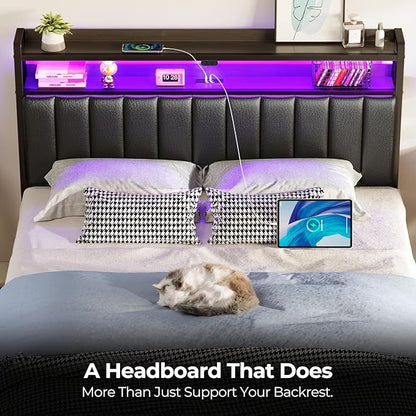 Rolanstar Headboard for Queen Size Bed with Storage, 60,000 DIY Color of LED Light, Head Board with USB, Type C Port, Height Adjustable, Black Upholstered Cabeceras de Cama Comfortable Modern, Leather